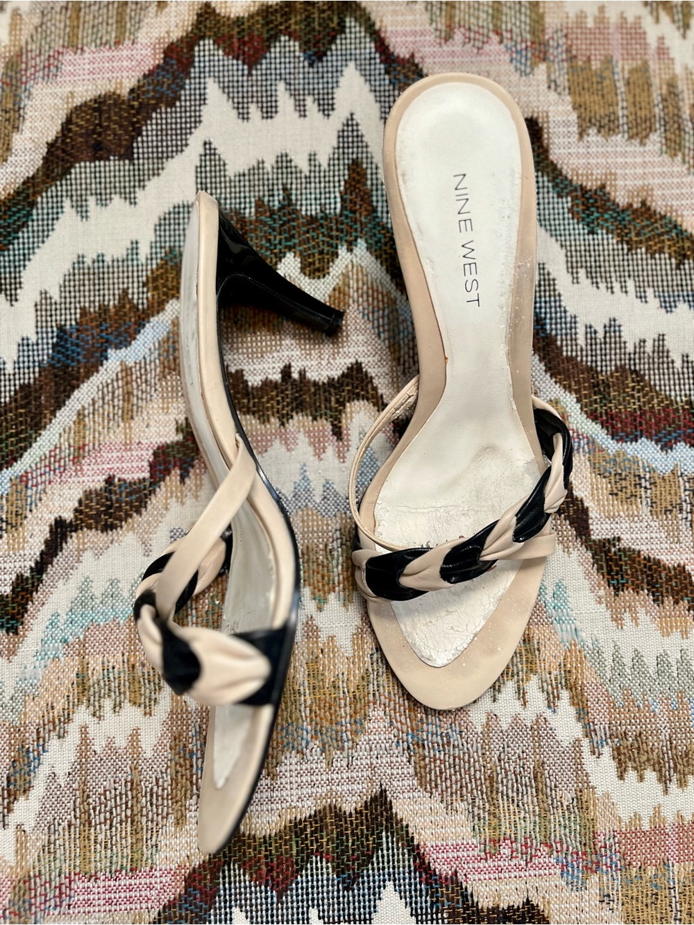 Nine West Beige and Black Braided Mid-Heel Slide Sandals